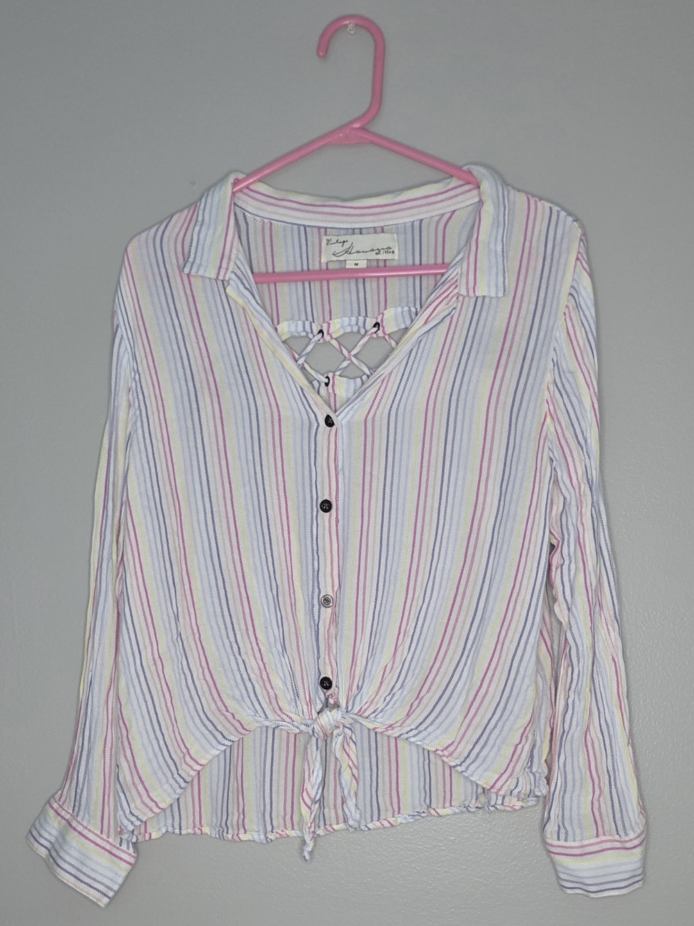 Vintage Havana Pink Multicolor Striped Tie-Front Button Shirt